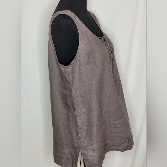 Eileen Fisher Taupe 100% Irish Linen Sleeveless Subtly Beaded Top - Size M - Picture 3 of 11